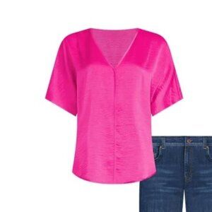 DKNY Woven V-Neck Short Sleeve Blouse Shocking Pink
